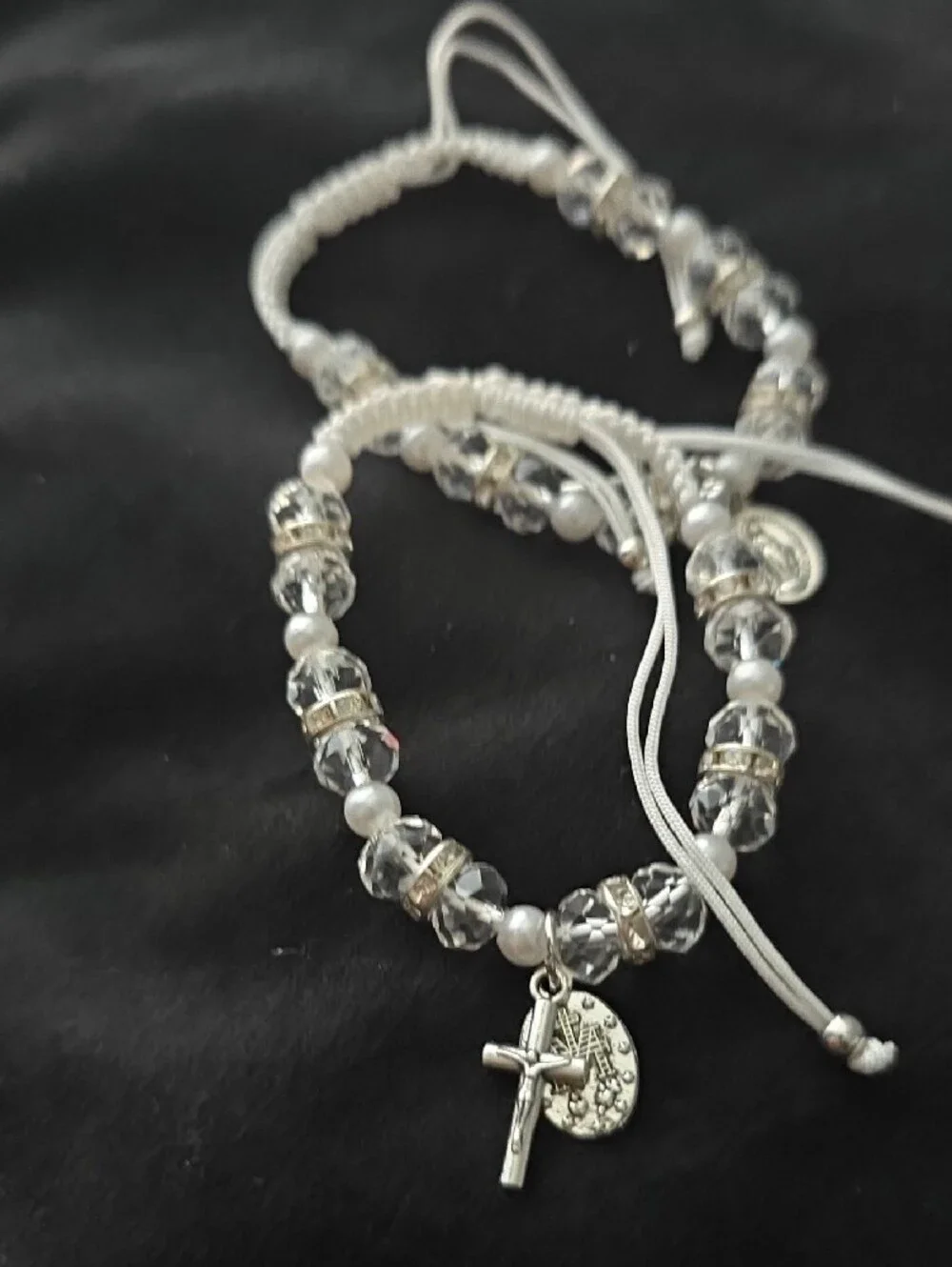 White Beaded Rosary Bracelets with Clear Crystal Accents. Unisex